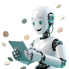 A cute AI robot character performing various business and finance activities, GPT chatbot icon. Artificial intelligence, trendy technology, support service, funny automation computer