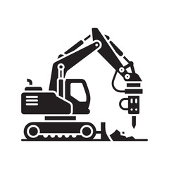 Excavator with hydraulic jackhammer attachment for heavy equipment demolition construction road work and breaking concrete or rock material vector solid glyph icon