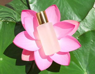 Elegant pink perfume bottle on a vibrant waterlily. Calming scene for natural beauty, fragrance, and wellness concepts with copy space
