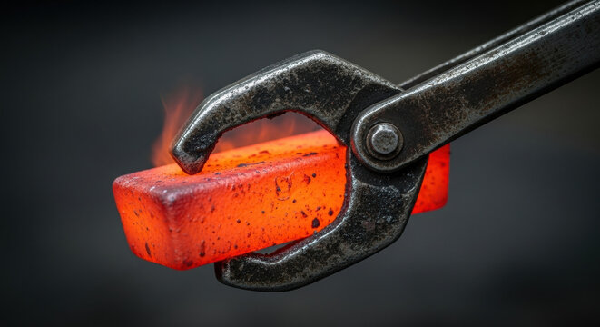 Glowing red hot steel billet clamped by tongs during intense metal forging process, vivid heat and sparks visible in dark industrial workshop environment