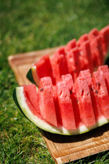 Juicy slices of ripe watermelon arranged on green grass, capturing the essence of summer freshness....