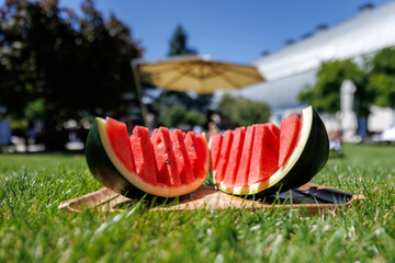 Juicy slices of ripe watermelon arranged on green grass, capturing the essence of summer freshness....