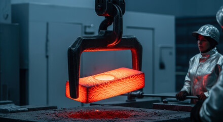 Industrial worker supervises hot glowing steel block lifted by mechanical claw in modern metal forging foundry, automated process increases safety and precision