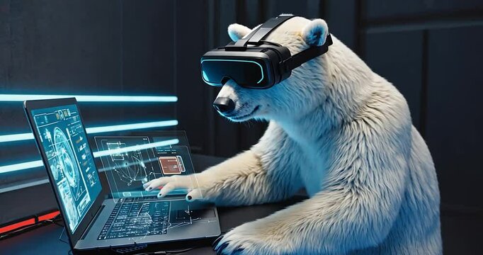 A polar bear wearing VR goggles, interacting with holographic displays on laptops in a futuristic, dark room