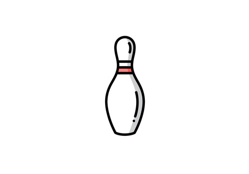 Isolated bowling pin with black outline and red stripe on a white background in a simple illustration