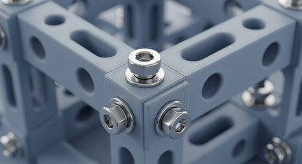 Closeup of interconnected blue metal beams joined by shiny steel bolts and hex nuts, demonstrating mechanical engineering, support structure, and construction industry concept