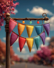 Colorful Pennant Banner Decoration Hanging Outdoors with Sky and Trees. Mock up promotion information for marketing announcements and details, blank white space