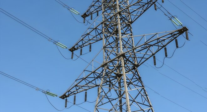 Close-up of a Metal Power Transmission Tower Against a Clear Sky