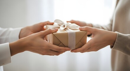 Exchanging a gift: Two hands passing a wrapped present with a satin ribbon