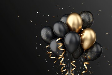 Stylish sale design with helium balloons, gold ribbon curls, and Black Friday lettering