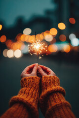 Celebrating new year's eve with sparkler magic city streets photography nighttime glow close-up view joyful atmosphere