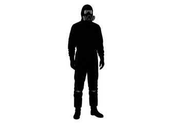 Silhouette of a person wearing a hazmat suit with a gas mask standing against a white background