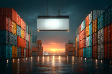 Stacked Shipping Containers at Dusk with Sun Setting Over City. Mock up promotion information for marketing announcements and details, blank white space