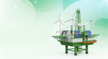 Green energy transition concept with a 3d rendered oil rig platform, wind turbines, and solar panels for a sustainable future
