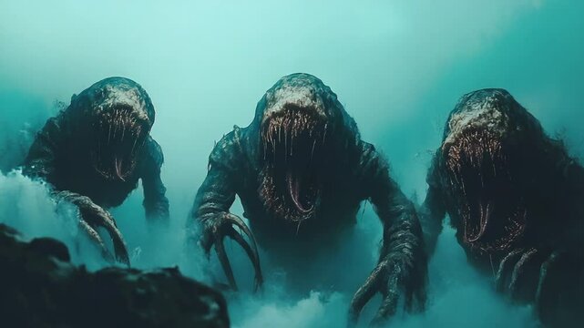 Three eerie monsters emerge from mist, creating a chilling, ominous scene.