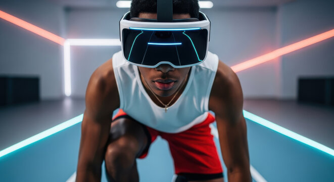 Focused young athlete wearing futuristic virtual reality headset prepares to sprint on high tech indoor track, illuminated by vibrant led lines and dynamic lighting effects