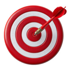 Red and white dartboard with a red dart hitting the bullseye isolated on transparent background