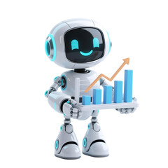 A cute AI robot character performing various business and finance activities, GPT chatbot icon. Artificial intelligence, trendy technology, support service, funny automation computer 