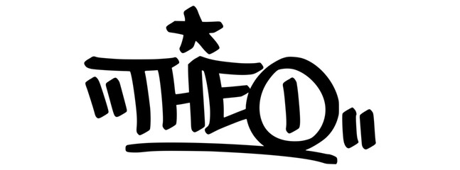 Graffiti tag text “Theo” in bold hand-drawn street art style. Urban vector lettering with a personal vibe, perfect for custom designs, fashion, and merchandise. © dirtyfellas