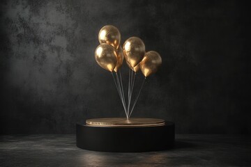 Spotlight on product pedestal with floating gold balloons, abstract retro black background