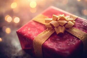 Spotlight on elegant red present with gold bow, soft light flares and festive bokeh, Christmas feel