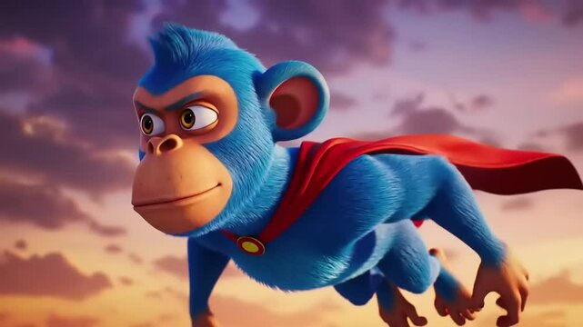 Blue Superhero Monkey Flying Sunset.