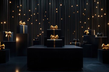 Sophisticated product display with black boxes and golden bows on a dramatic dark stage