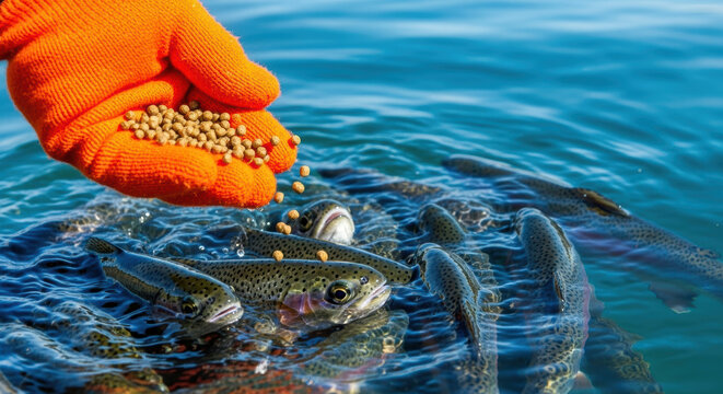 Person wearing bright orange glove feeding hungry freshwater fish with aquatic pellets in clear blue water during fish farming close up