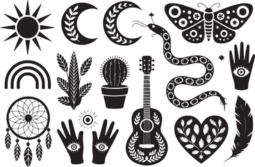  Bohemian Mystical Symbol  sun, moon, snake, butterfly, cactus, vector Bundle