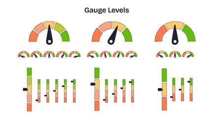 Obraz premium Gauge levels illustration shows meters, sliders, and dials indicating measurement and progress in a playful, hand-drawn look. Doodle style