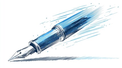 Angled blue fountain pen with speed streaks and shadow on a bright white surface