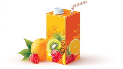 An orange juice box with a straw, featuring assorted tropical fruits like pineapple, kiwi, orange, and raspberries on its packaging, accompanied by fresh fruit in the foreground on a white background