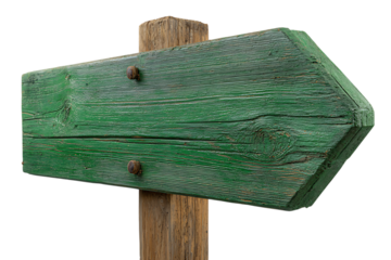 Rustic green wooden directional signpost pointing to the right isolated on transparent background