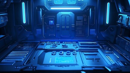 Futuristic Command Center Interface with Blue Lighting and Detailed Design