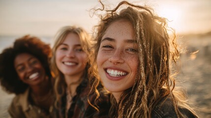Diverse friends laughing together on sunny beach