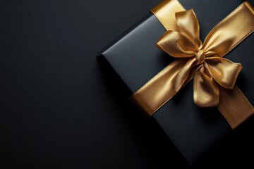 Sleek black gift box with glossy golden bow, high contrast on black background, luxury style