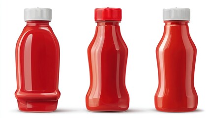 Three red ketchup bottles with white and red caps, isolated on white background