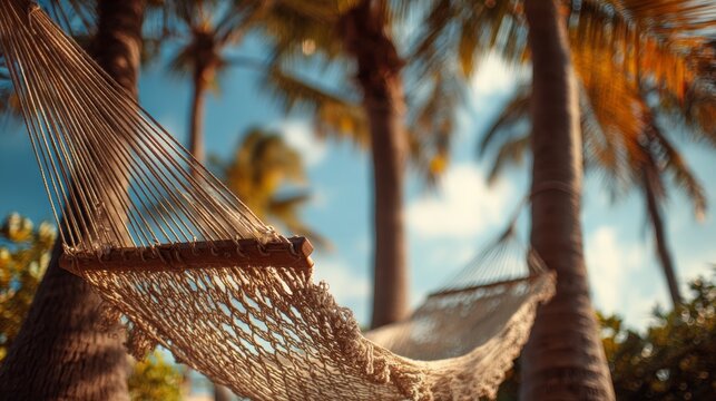 Hammock hanging between tropical palm trees