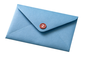 Light blue envelope sealed with a red wax seal featuring the number two isolated on transparent background