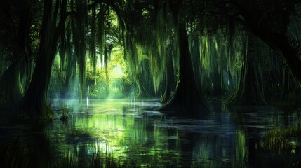 Obraz premium Lush swamp forest scene with calm water.