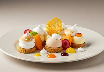 An elegant dessert plate featuring small cakes with meringue, fruit slices, and colorful jelly dots.