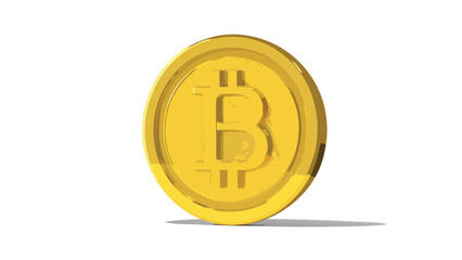 A single bitcoin coin standing upright casting a shadow on a white background in a digital rendering