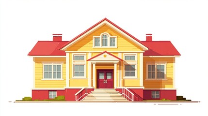 Cartoon illustration of a two-story yellow house with a red roof on a white background