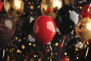 Shiny black, red, and gold balloons floating with streamers, luxurious Black Friday promo scene