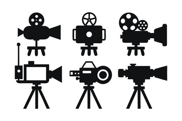 Obraz premium set of movie cameras black silhouette icon on white background