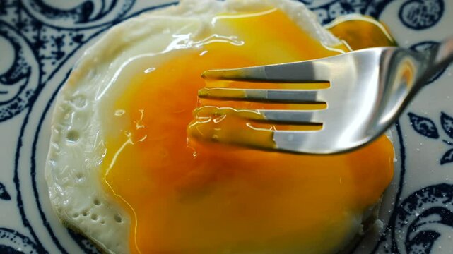 chicken yolk close-up,
Delicious fried eggs for breakfast.
A man eats fried eggs with his hand.
A fork and a runny yolk