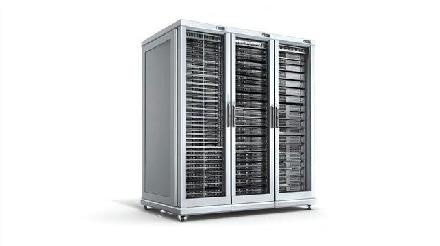 Server rack cluster with glass doors on white background, isolated view - Powered by Adobe