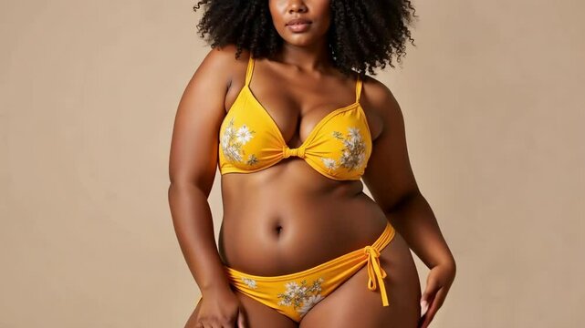 A curvy woman confidently models a vibrant yellow bikini adorned with a floral pattern showcasing her light brown skin and natural afro.
