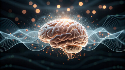 Psilocybin concept ,Brain waves glowing with mushroom particles and neural signals dark background creating futuristic effect