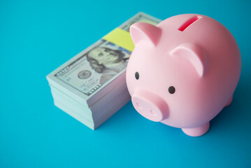 Pink piggy bank and stack US dollar bill banknotes. Wealth and savings management, money saving, personal financial planning, return on investment, savings for retirement, banking and so on concept.